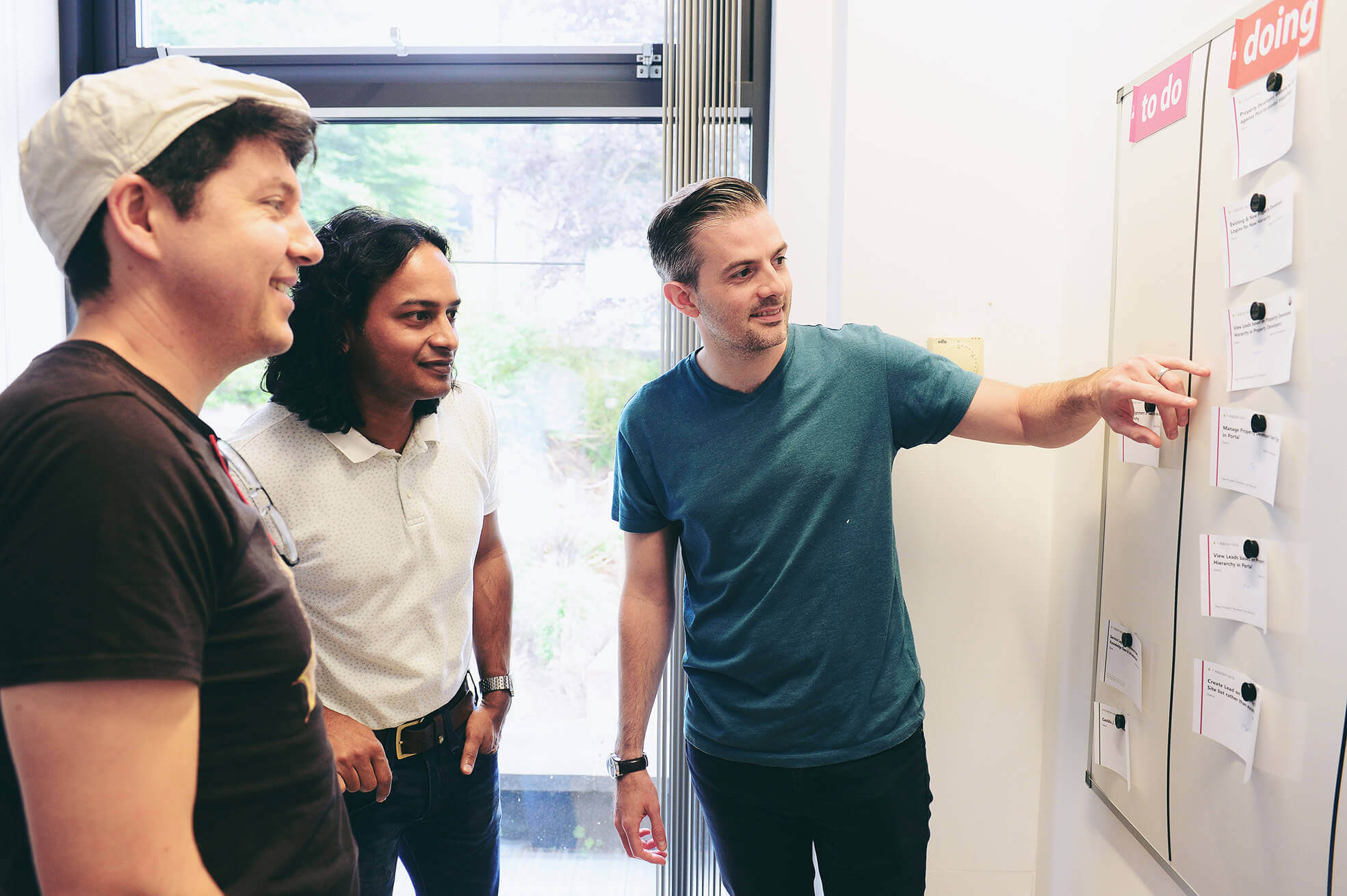 Development team gathered around a board
